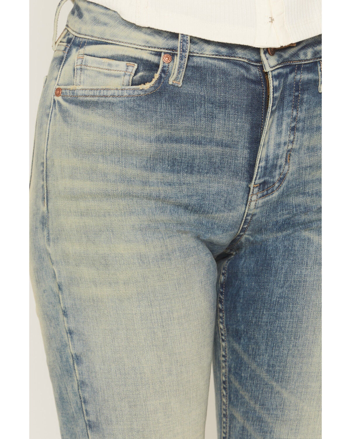 Image #2 - Shyanne Women's Kelly Wash High Rise Luna Flare Stretch Denim Jeans, Light Medium Wash, hi-res