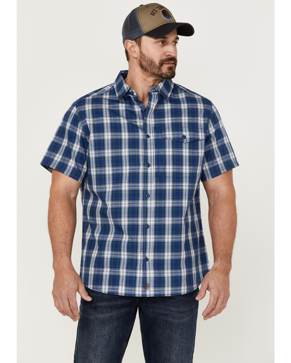 Image #1 - Brothers and Sons Men's Performance Plaid Short Sleeve Button Down Western Shirt, Blue, hi-res