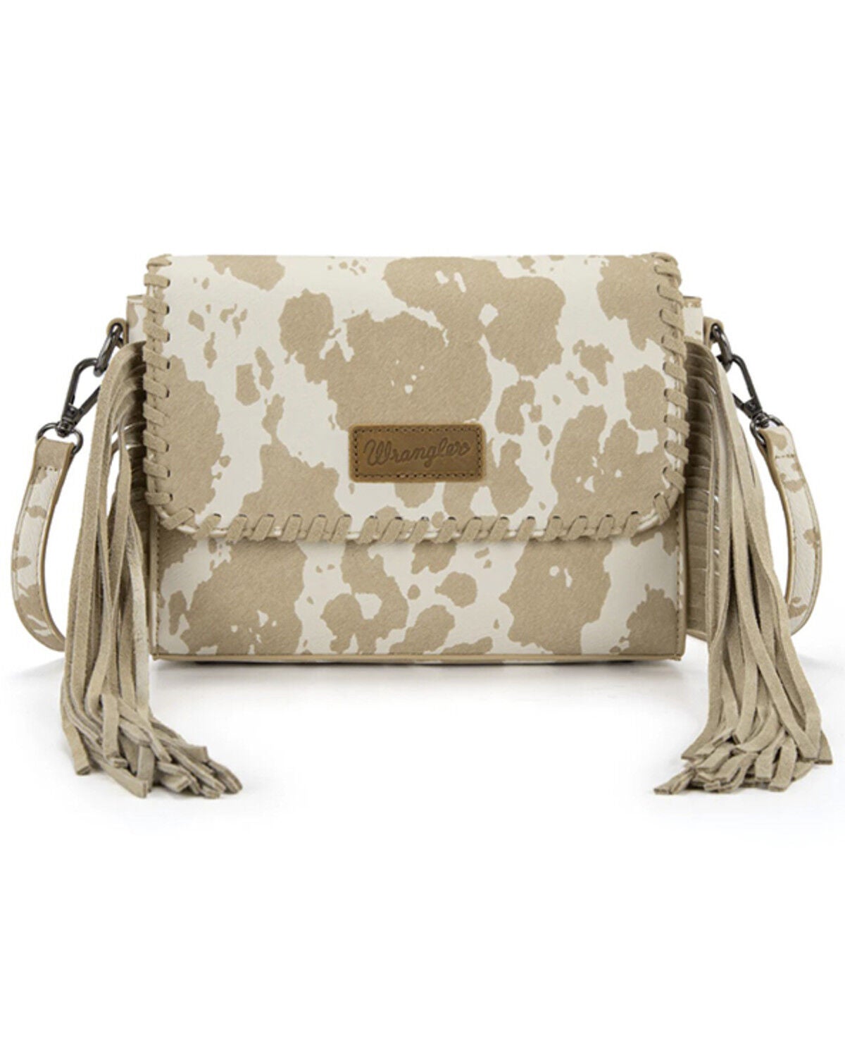 Wrangler Women's Cow Print Fringe Crossbody Bag, Tan, hi-res