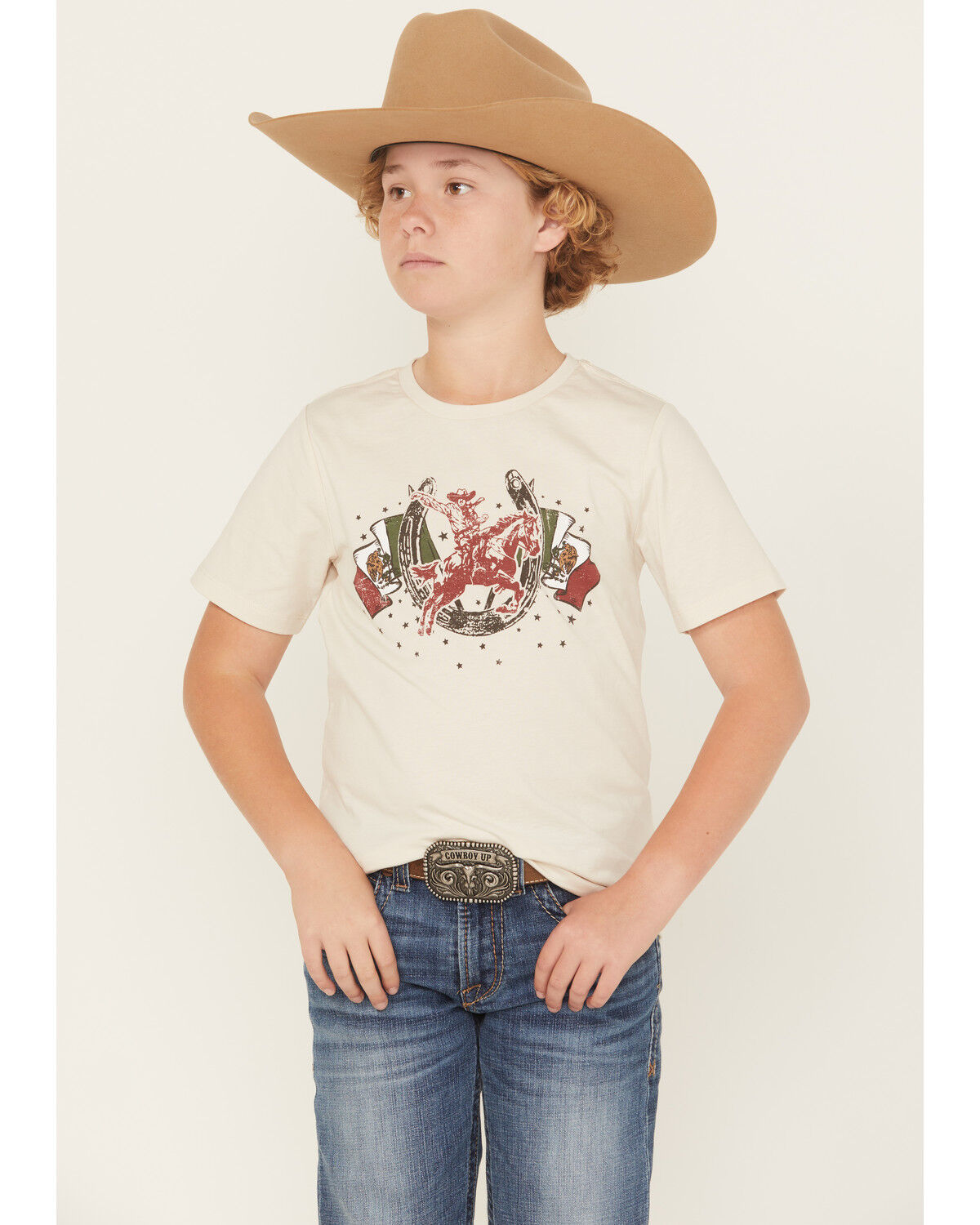 Image #1 - Sable Sky Boys' Mexico Flag Short Sleeve Graphic T-Shirt, Tan, hi-res