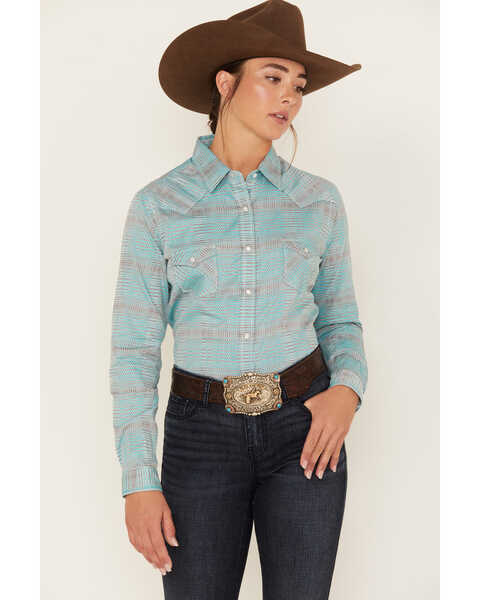 Rough Stock by Panhandle Women's Long Sleeve Pearl Snap Western Shirt, Turquoise, hi-res