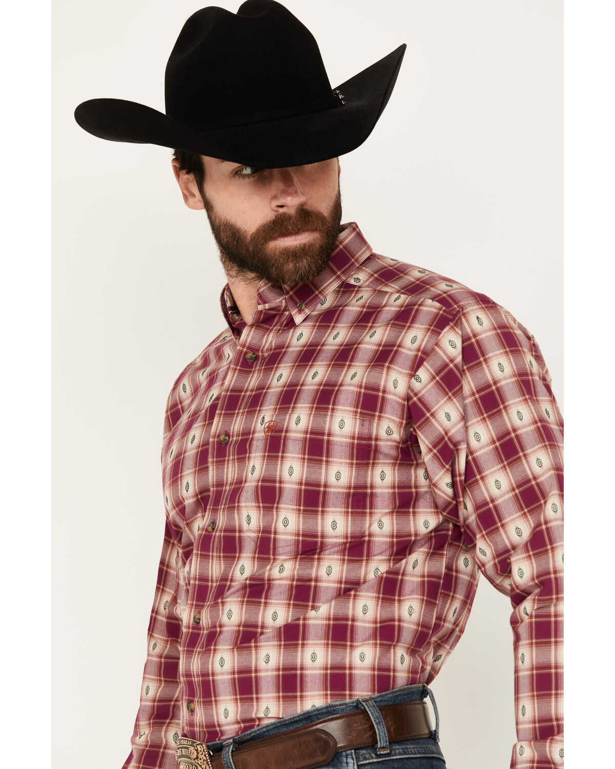 Image #2 - Ariat Men's Seamus Plaid Southwestern Print Long Sleeve Button-Down Western Shirt, Magenta, hi-res