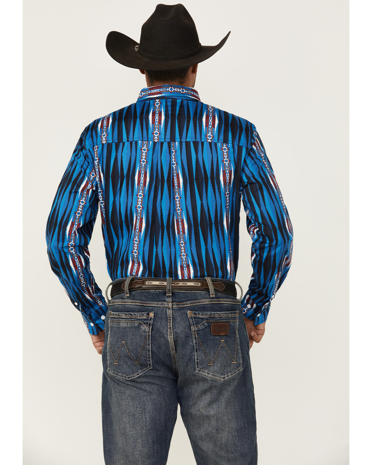Image #4 - RANK 45® Men's Wooden Southwestern Striped Print Long Sleeve Button-Down Stretch Western Shirt, Blue, hi-res