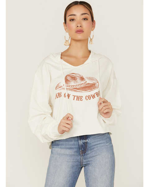 Miss Me Women's Dibs On The Cowboy Graphic Cropped Pullover Hoodie  , Ivory, hi-res