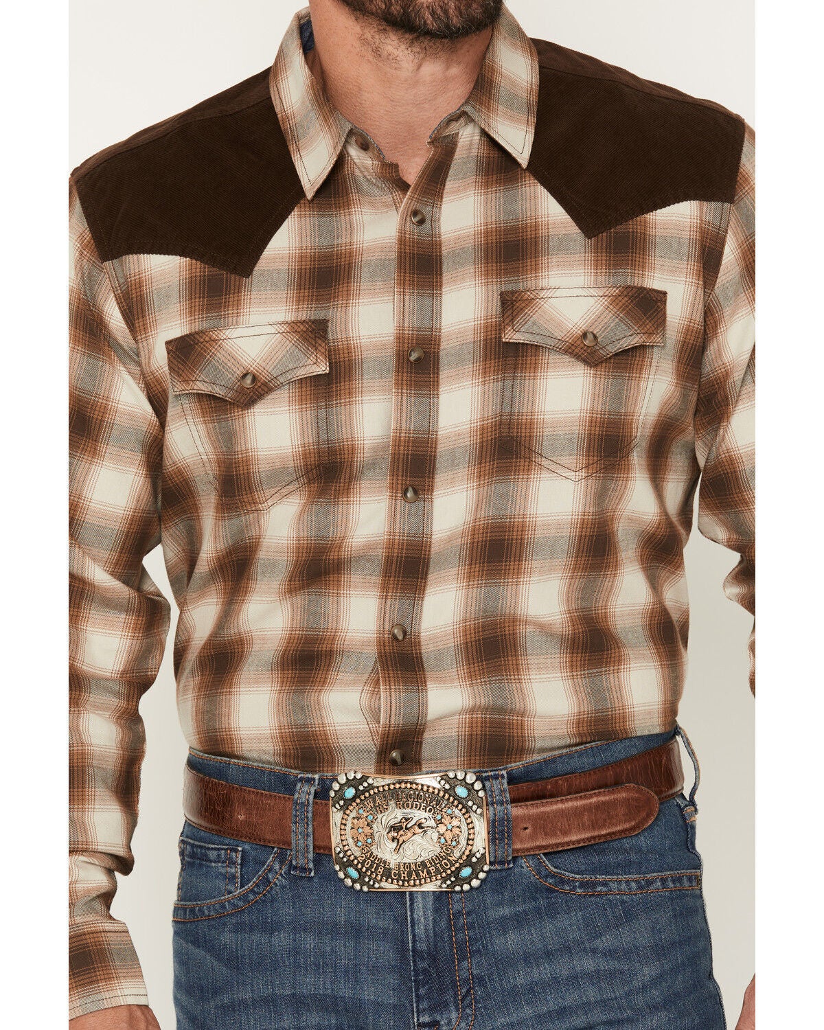 Image #3 - Cody James Men's Mad Plaid Print Corduroy Long Sleeve Snap Western Shirt - Tall, Tan, hi-res
