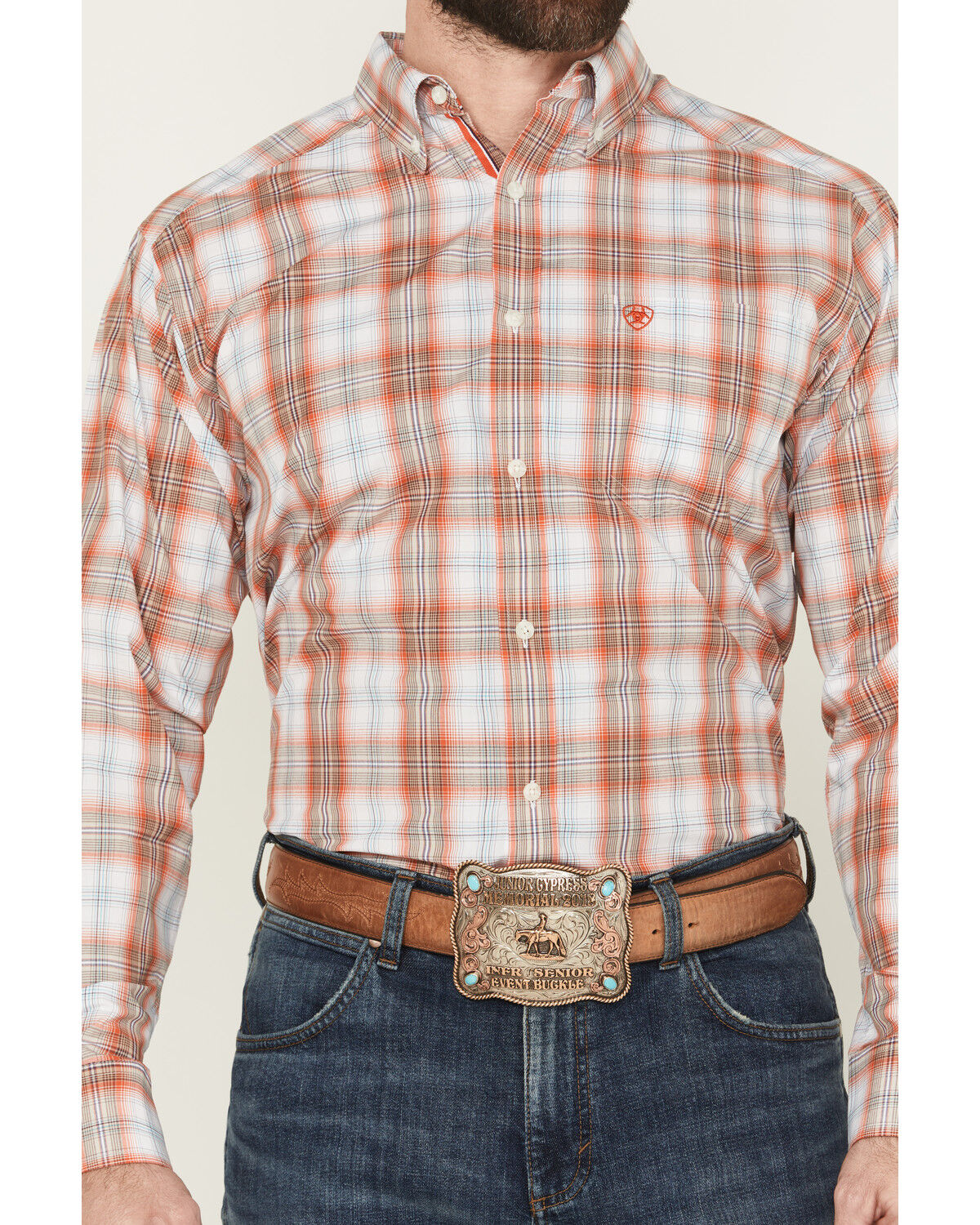Image #3 - Ariat Men's Wallis Pro Series Plaid Print Long Sleeve Button-Down Stretch Western Shirt, Orange, hi-res