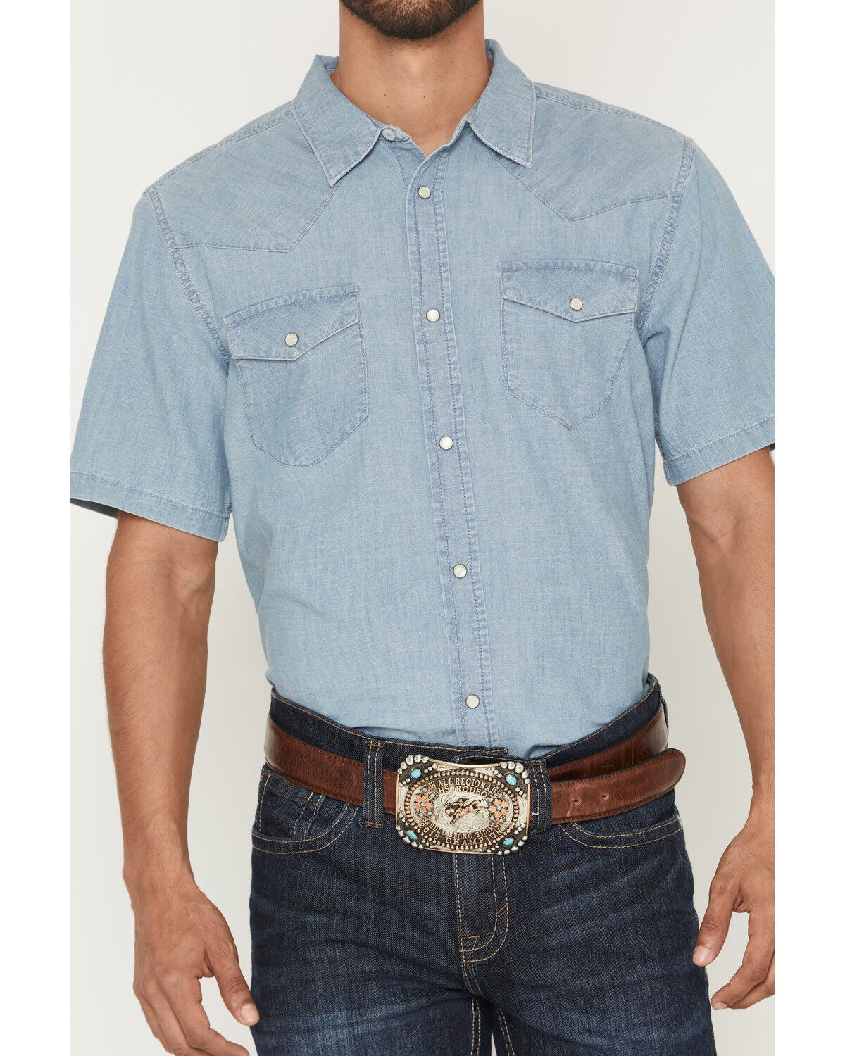 Image #3 - Cody James Men's Horizon Chambray Light Wash Short Sleeve Snap Western Shirt - Big, Light Wash, hi-res