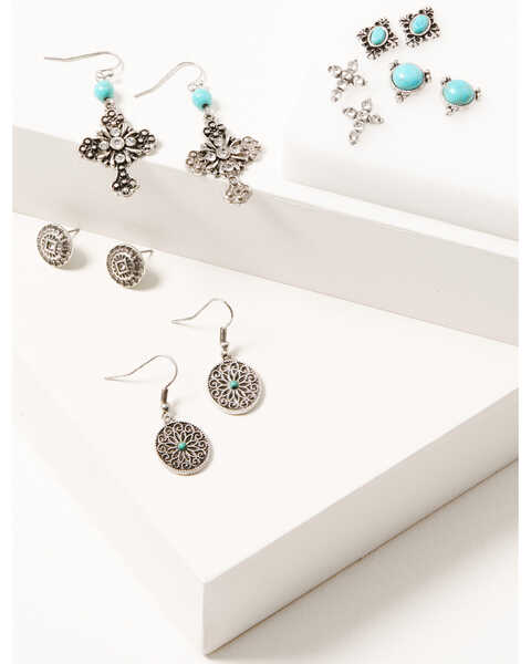 Shyanne Women's Turquoise Cross 6pc Cross Earring Set, Silver, hi-res