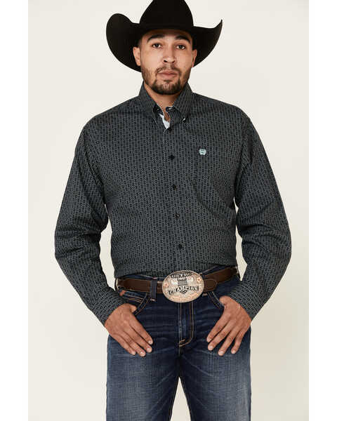 Cinch Men's Geo Print Button Long Sleeve Button Down Western Shirt , Black, hi-res