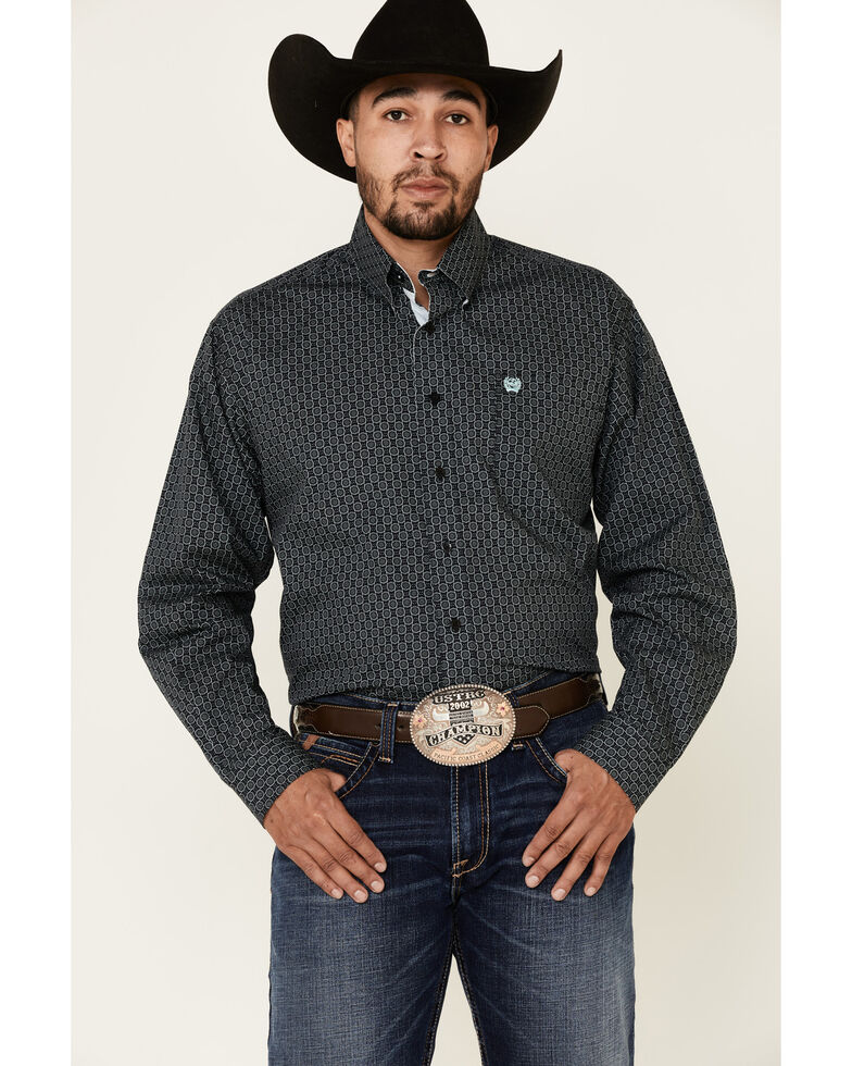 Cinch Men's Black Geo Print Button Long Sleeve Western Shirt , Black, hi-res