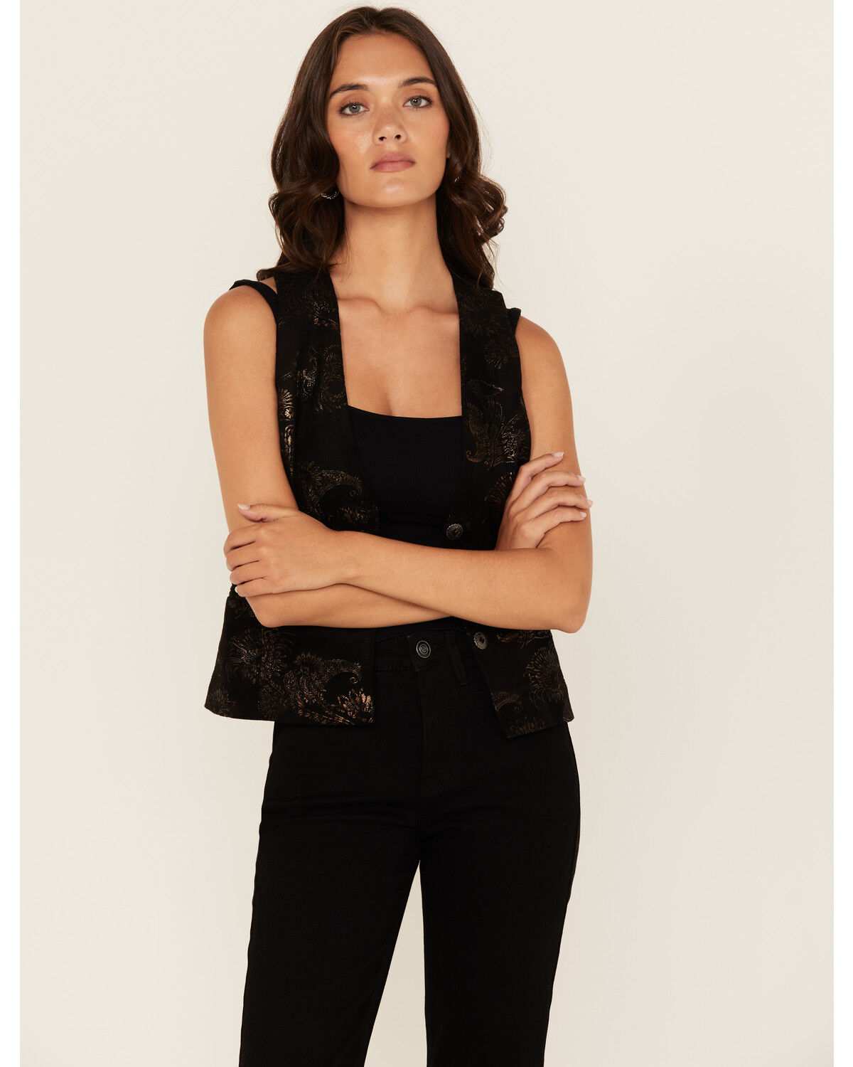 Image #2 - Shyanne Women's Metallic Printed Faux Suede Vest, Black, hi-res
