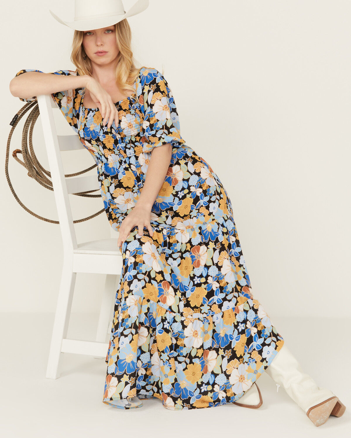 Image #1 - Wild Moss Women's Floral Print Midi Dress, Black, hi-res