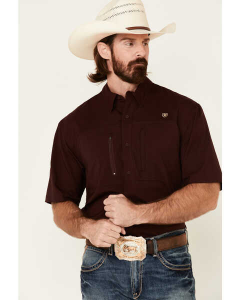 Image #1 - Ariat Men's Solid Maroon TEK Short Sleeve Button-Down Western Shirt , Burgundy, hi-res