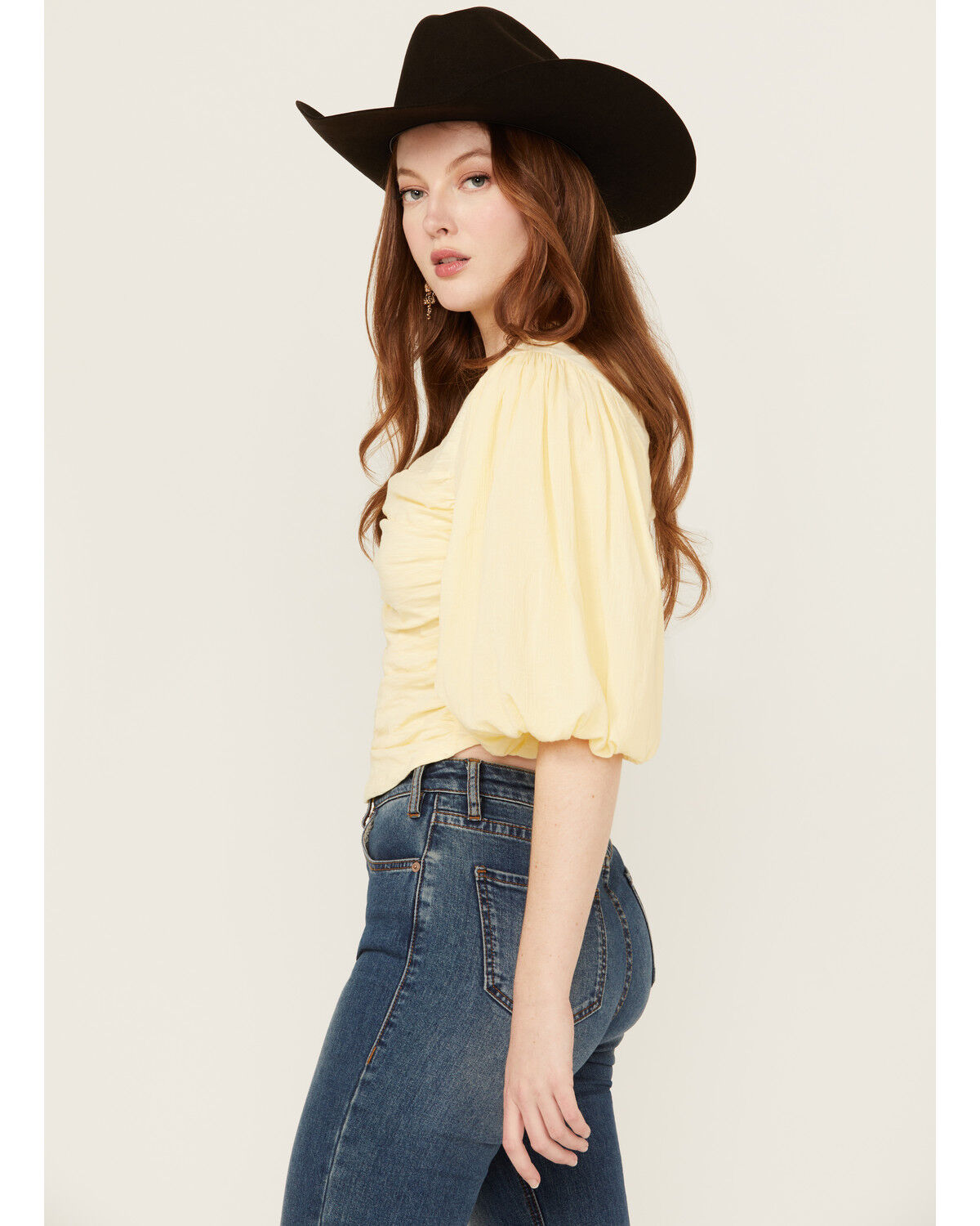 Image #2 - Beyond The Radar Women's Puff Sleeve Ruched Shirt, Yellow, hi-res