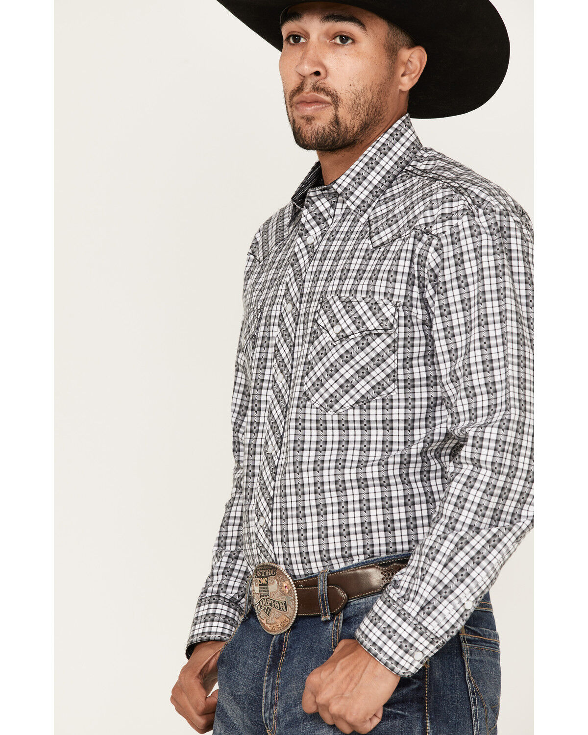 Image #2 - Rough Stock By Panhandle Men's Dobby Small Plaid Print Long Sleeve Pearl Snap Western Shirt, White, hi-res