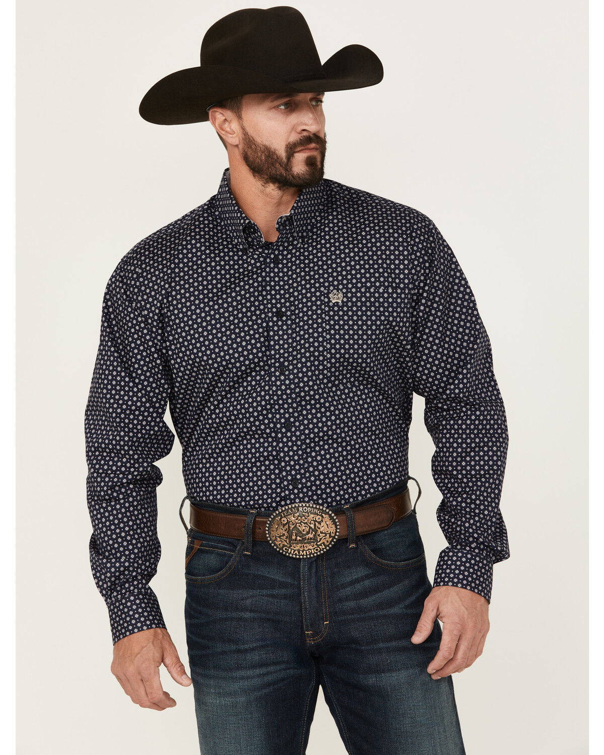 Image #1 - Cinch Men's Geo Print Long Sleeve Button-Down Western Shirt, Navy, hi-res