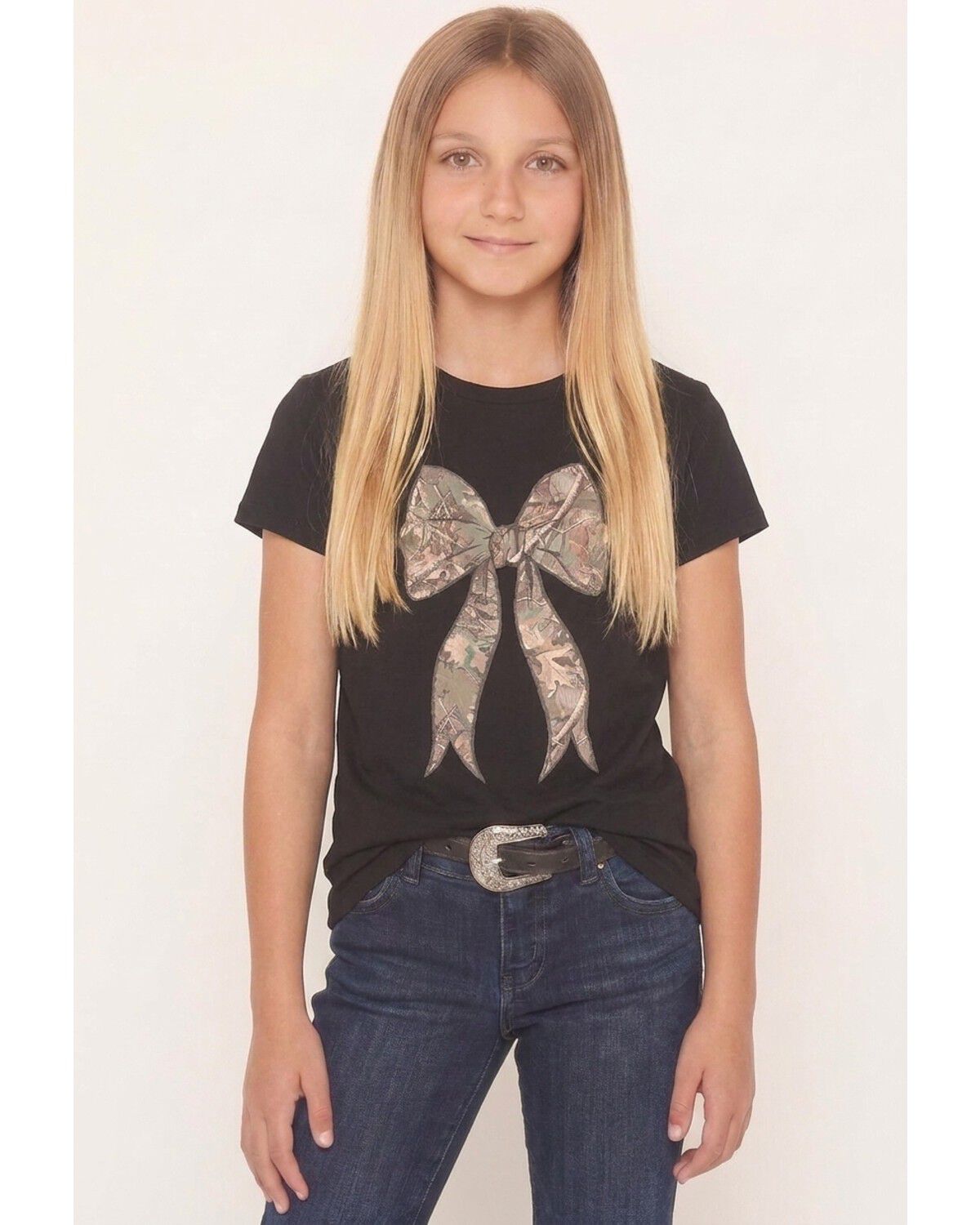 Image #1 - Americana Girls' Camo Bow Short Sleeve Graphic Tee, Black, hi-res