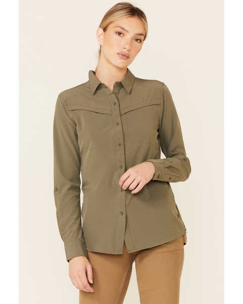 Image #1 - ATG by Wrangler Women's All-Terrain Mixed Materials Long Sleeve Button Down Western Core Shirt , Olive, hi-res