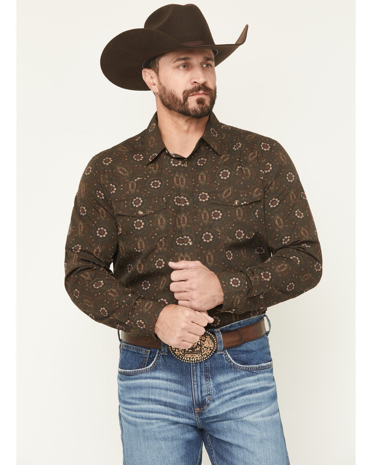 Gibson Trading Co Men's Bourbon Street Medallion Print Long Sleeve Snap Stretch Western Shirt - Tall, Brown, hi-res