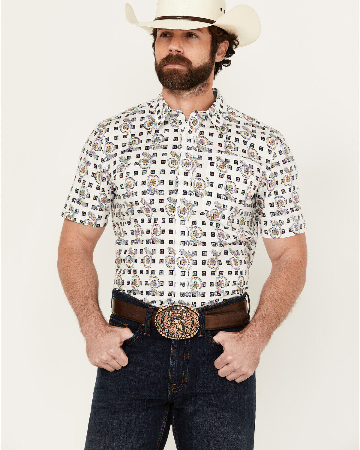 Image #1 - Cody James Men's Geo Paisley Print Short Sleeve Button-Down Stretch Western Shirt, White, hi-res