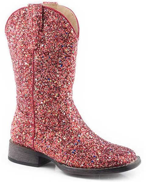 Roper Girls' Glitter Galore Western Boots - Broad Square Toe, Red, hi-res