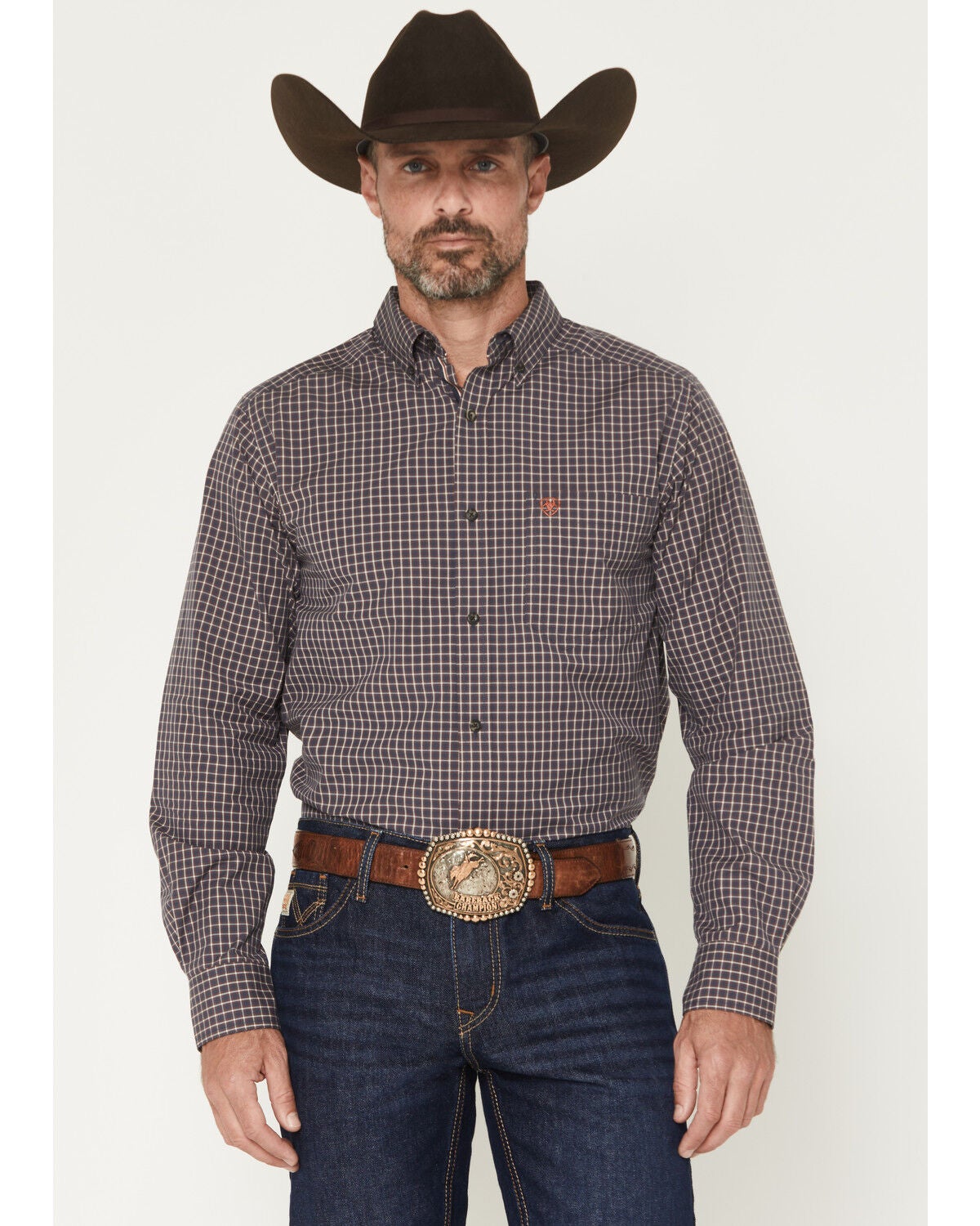 Image #1 - Ariat Men's Pro Series Wheaton Plaid Print FItted Long Sleeve Button-Down Western Shirt, Navy, hi-res