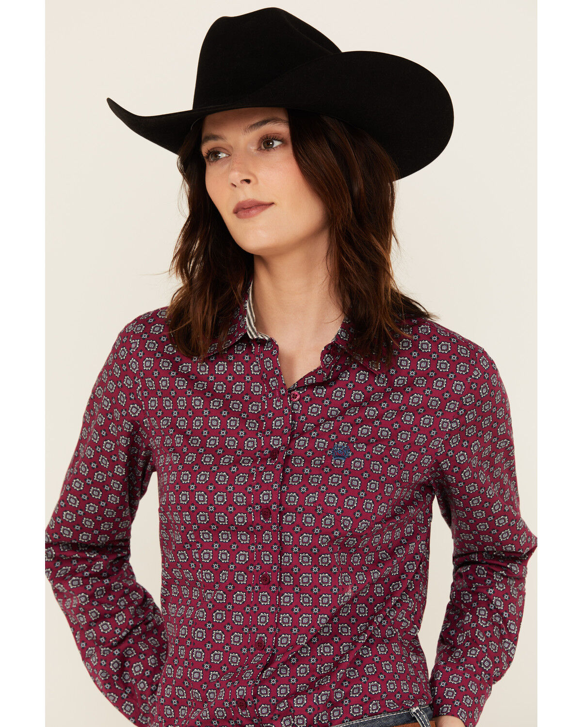 Image #2 - Cinch Women's Geo Print Long Sleeve Button-Down Western Shirt, Burgundy, hi-res