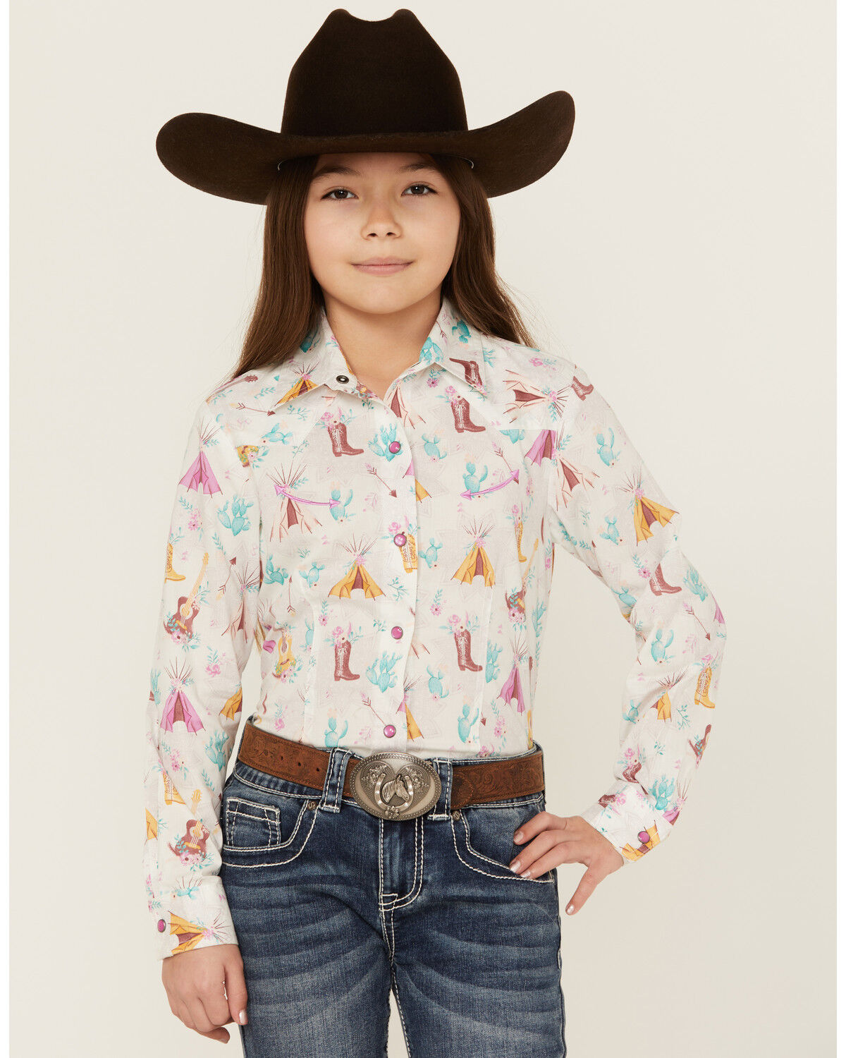 Image #1 - Cruel Girl Girls' Conversation Print Long Sleeve Pearl Snap Western Shirt, White, hi-res