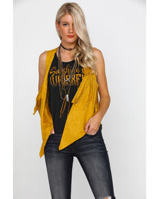 Vocal Women's Mustard Faux Suede Studded Fringe Vest , Dark Yellow, hi-res