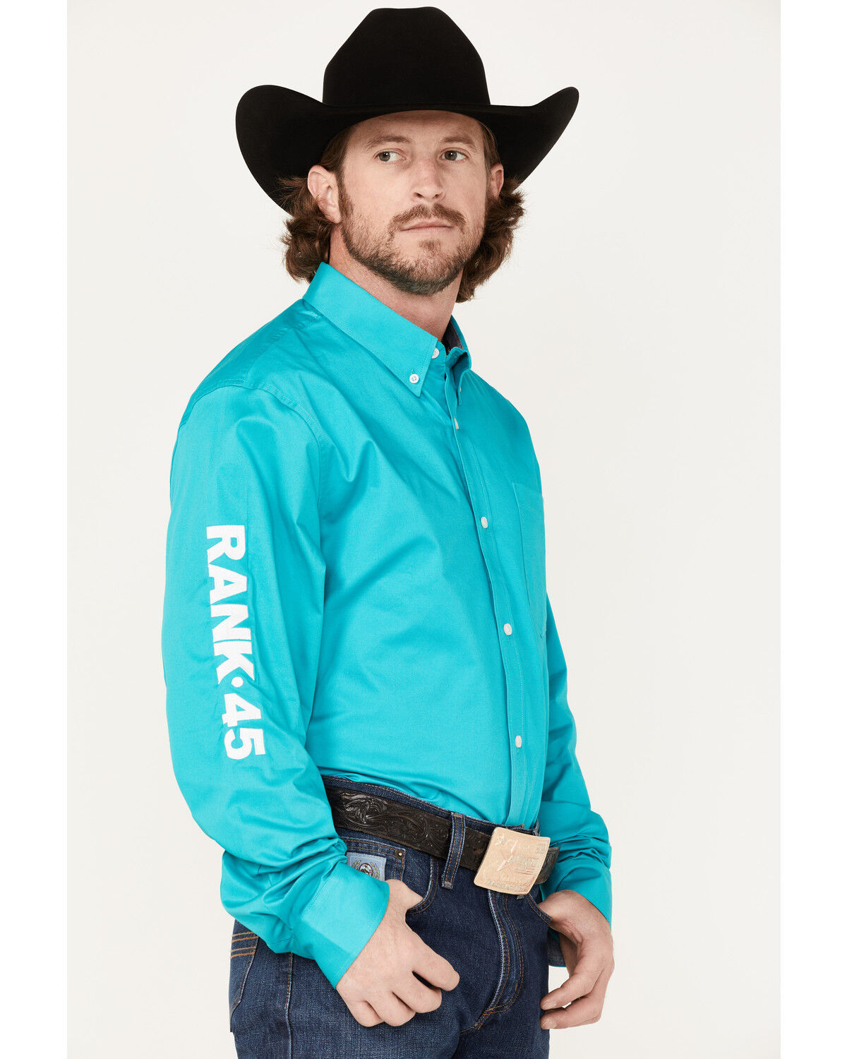 Image #2 - RANK 45® Men's Solid Long Sleeve Button-Down Snap Shirt, Teal, hi-res