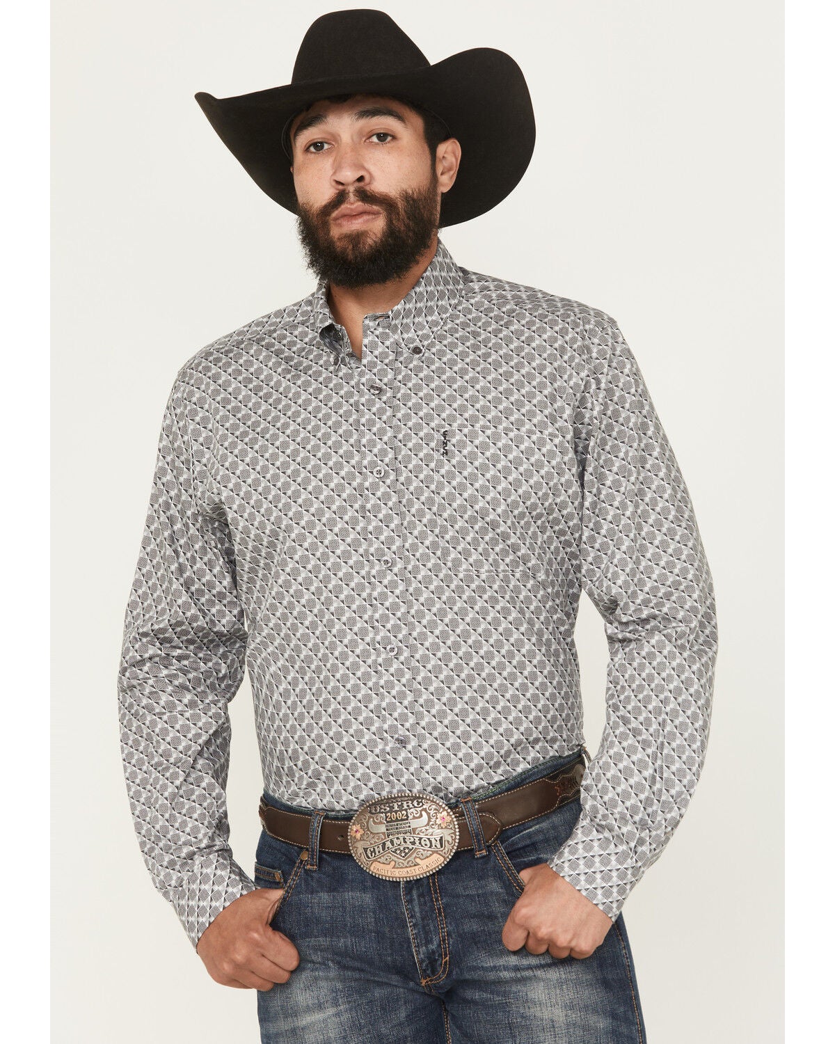 Cinch Men's Modern Fit Geo Print Long Sleeve Button-Down Western Shirt, Grey, hi-res