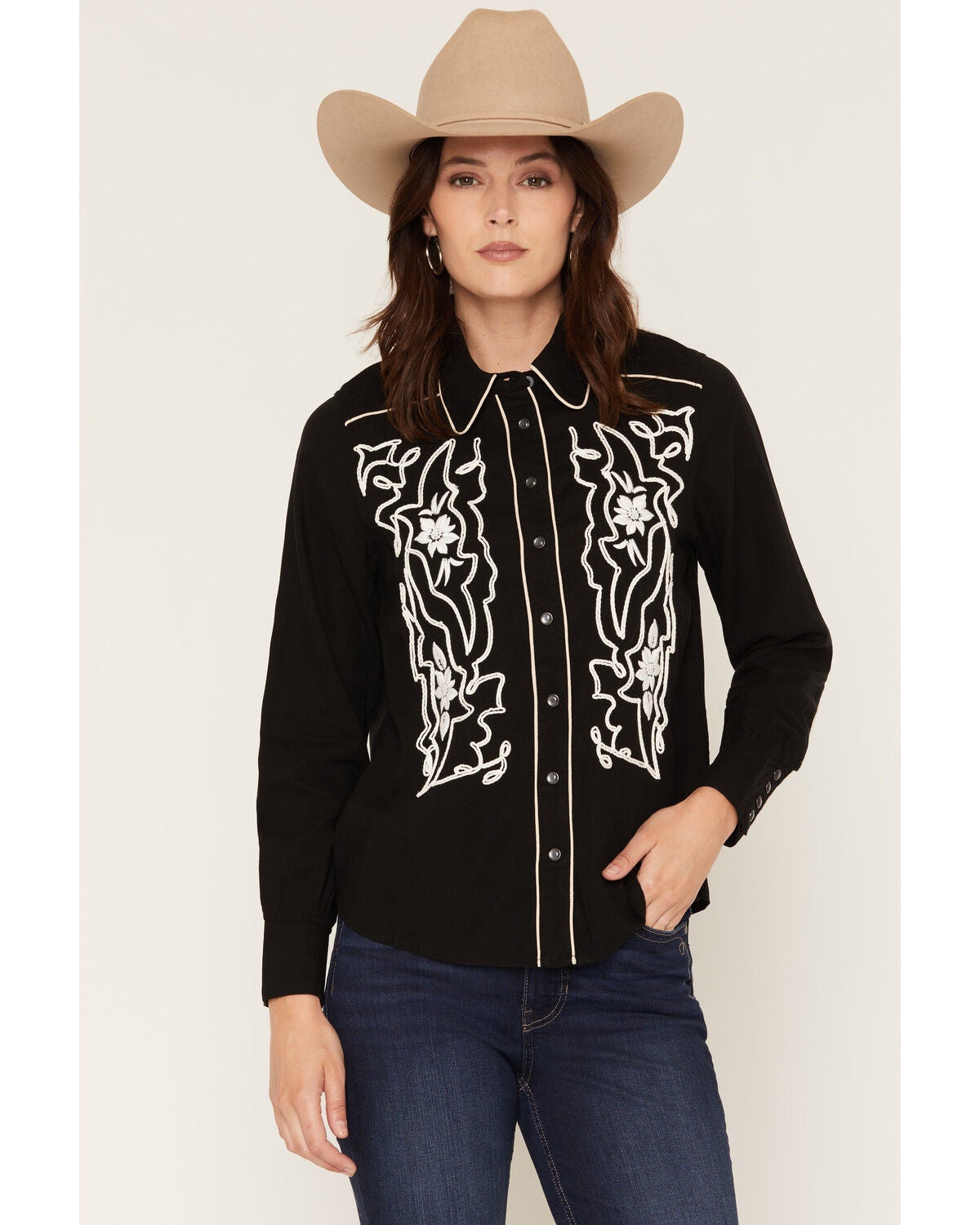Image #1 - Kimes Ranch Women's Stevie Floral Embroidered Long Sleeve Pearl Snap Western Shirt, Black, hi-res