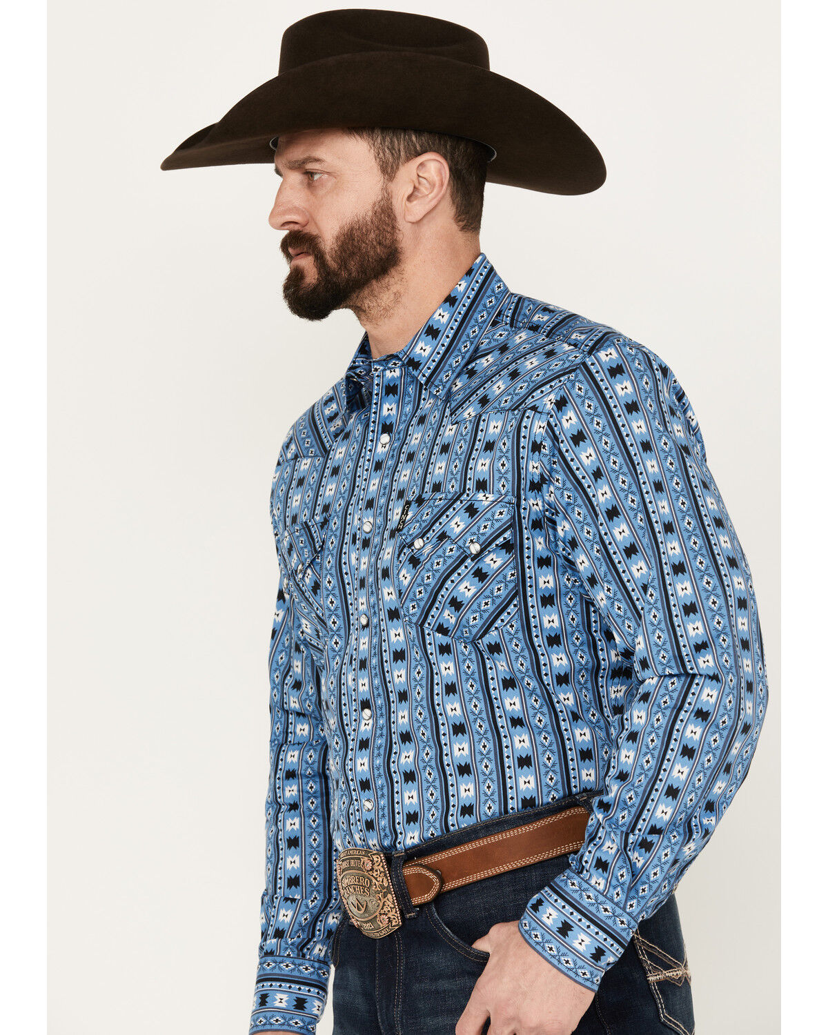 Image #2 - Cinch Men's Southwestern Print Long Sleeve Western Snap Shirt, Light Blue, hi-res