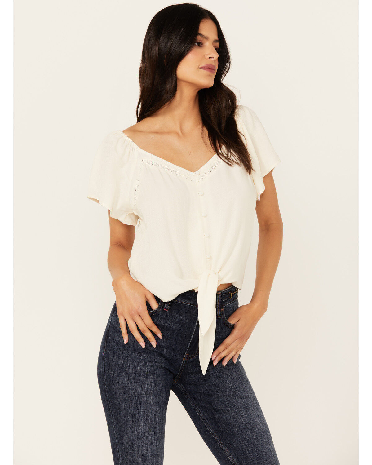 Image #1 - Idyllwind Women's Tern Flutter Sleeve Tie Front Top, Ivory, hi-res