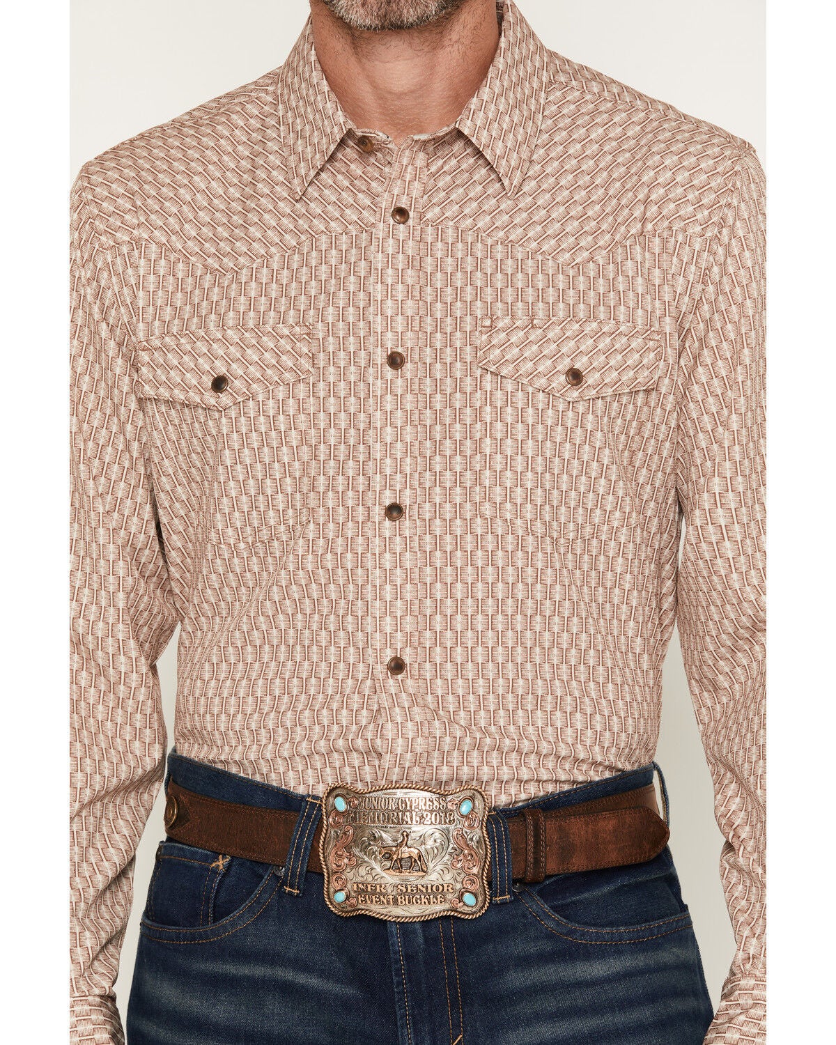 Image #3 - RANK 45&reg; Men's Wash Board Geo Print Long Sleeve Snap Stretch Western Shirt, Beige, hi-res