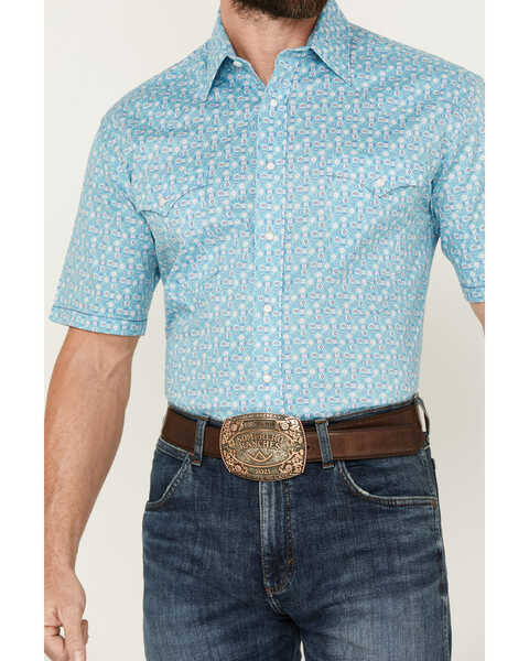 Image #3 - Panhandle Men's Southwestern Print Short Sleeve Pearl Snap Stretch Western Shirt , Aqua, hi-res