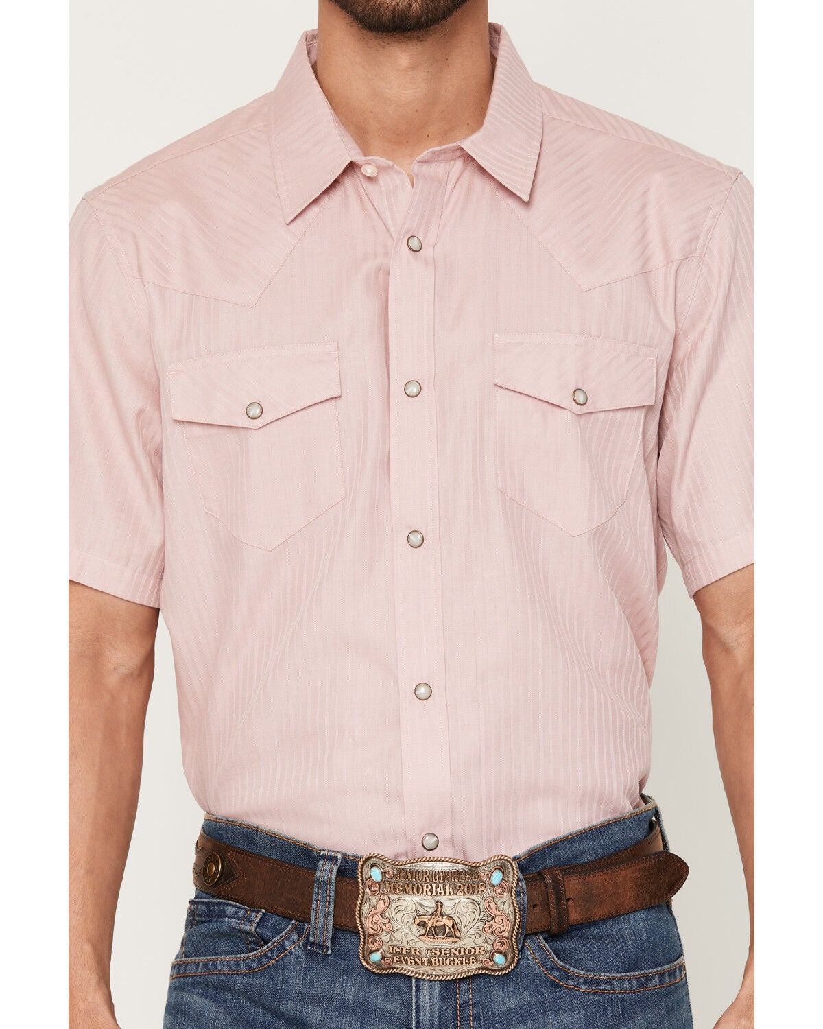 Image #3 - Gibson Trading Co Men's Basic Satin Striped Short Sleeve Snap Western Shirt, Blush, hi-res