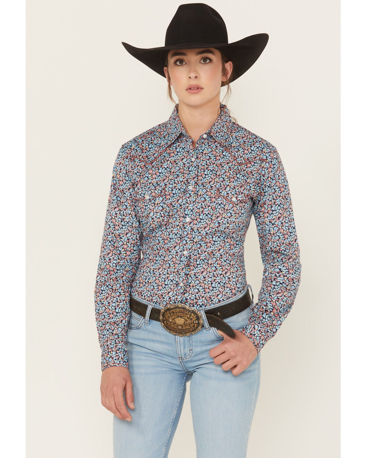 Panhandle Women's Printed Long Sleeve Pearl Snap Stretch Western Shirt, Navy, hi-res