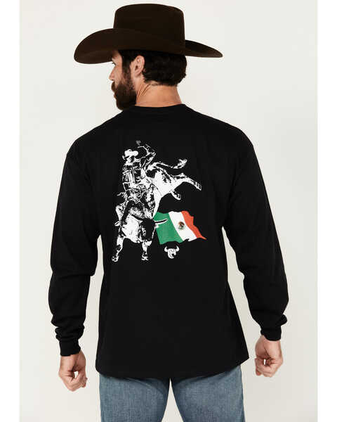 Image #1 - Cowboy Hardware Men's Mexico Flag Bull Rider Long Sleeve T-Shirt, Black, hi-res