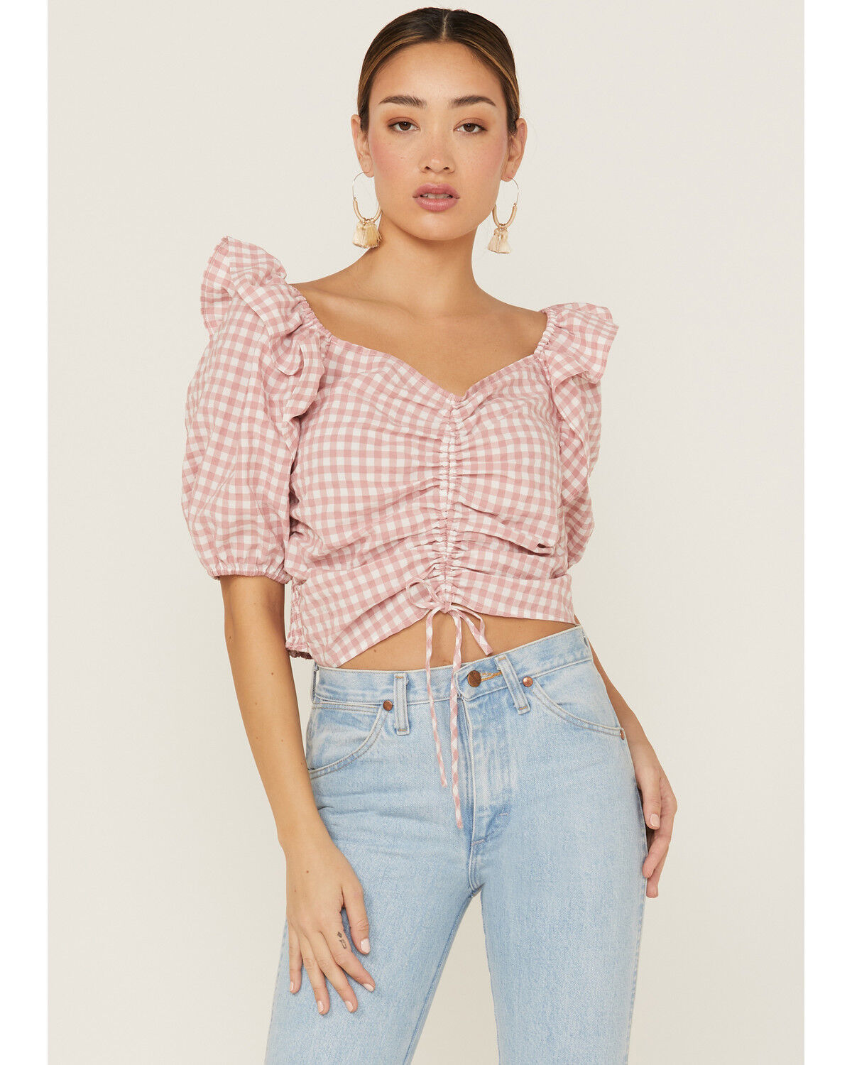 Image #1 - Beyond The Radar Women's Gingham Crop Cinch Detail Top, Blush, hi-res