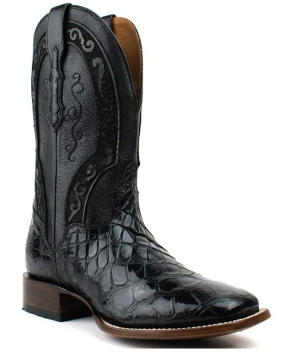 El Dorado Men's Exotic Scallop American Alligator Western Boot - Broad Square Toe, Black, hi-res