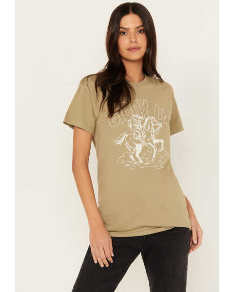 Image #1 - Youth in Revolt Women's Giddy Up Short Sleeve Graphic Tee, Sage, hi-res