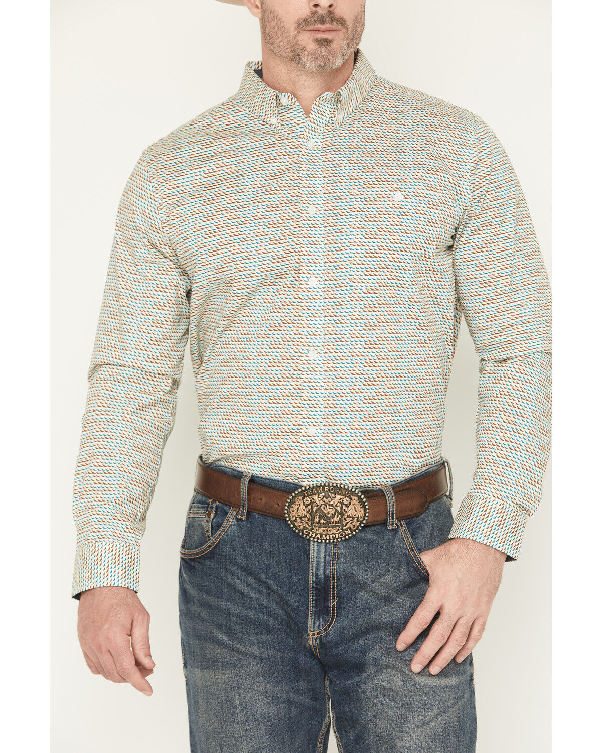 Image #3 - RANK 45® Men's Six Shooter Geo Print Long Sleeve Button-Down Stretch Western Shirt, White, hi-res
