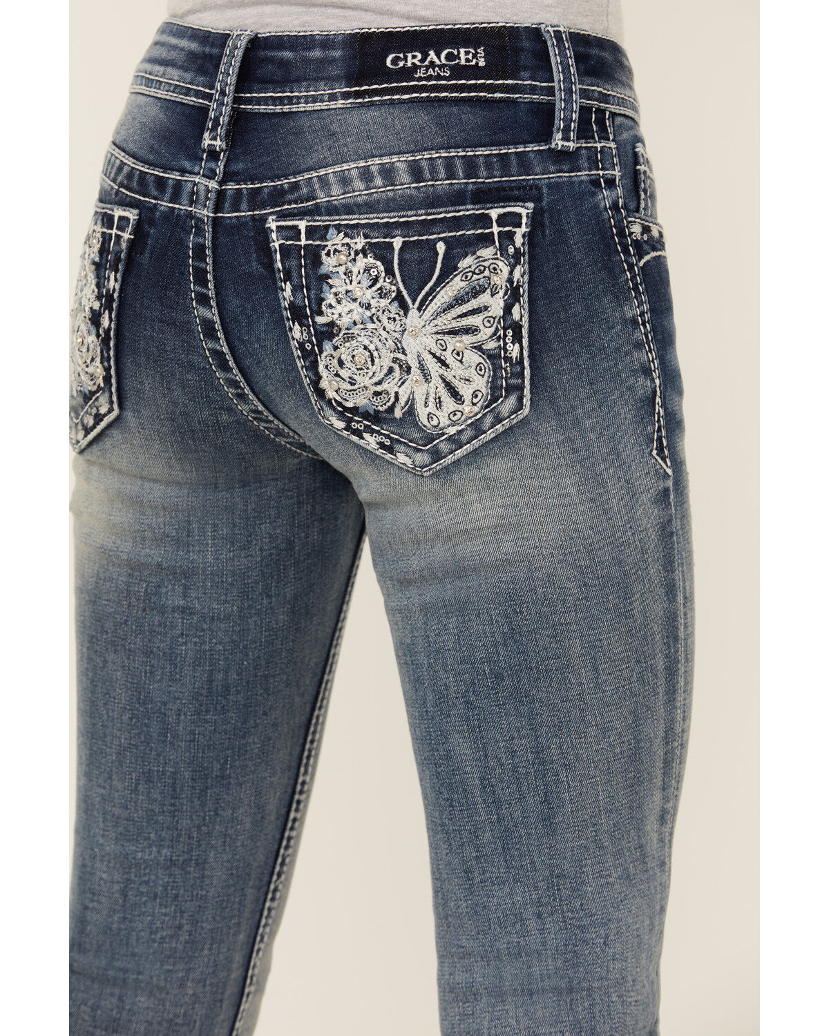 Image #2 - Grace in LA Girls' Medium Wash Butterfly Pocket Bootcut Stretch Denim Jeans, Medium Wash, hi-res