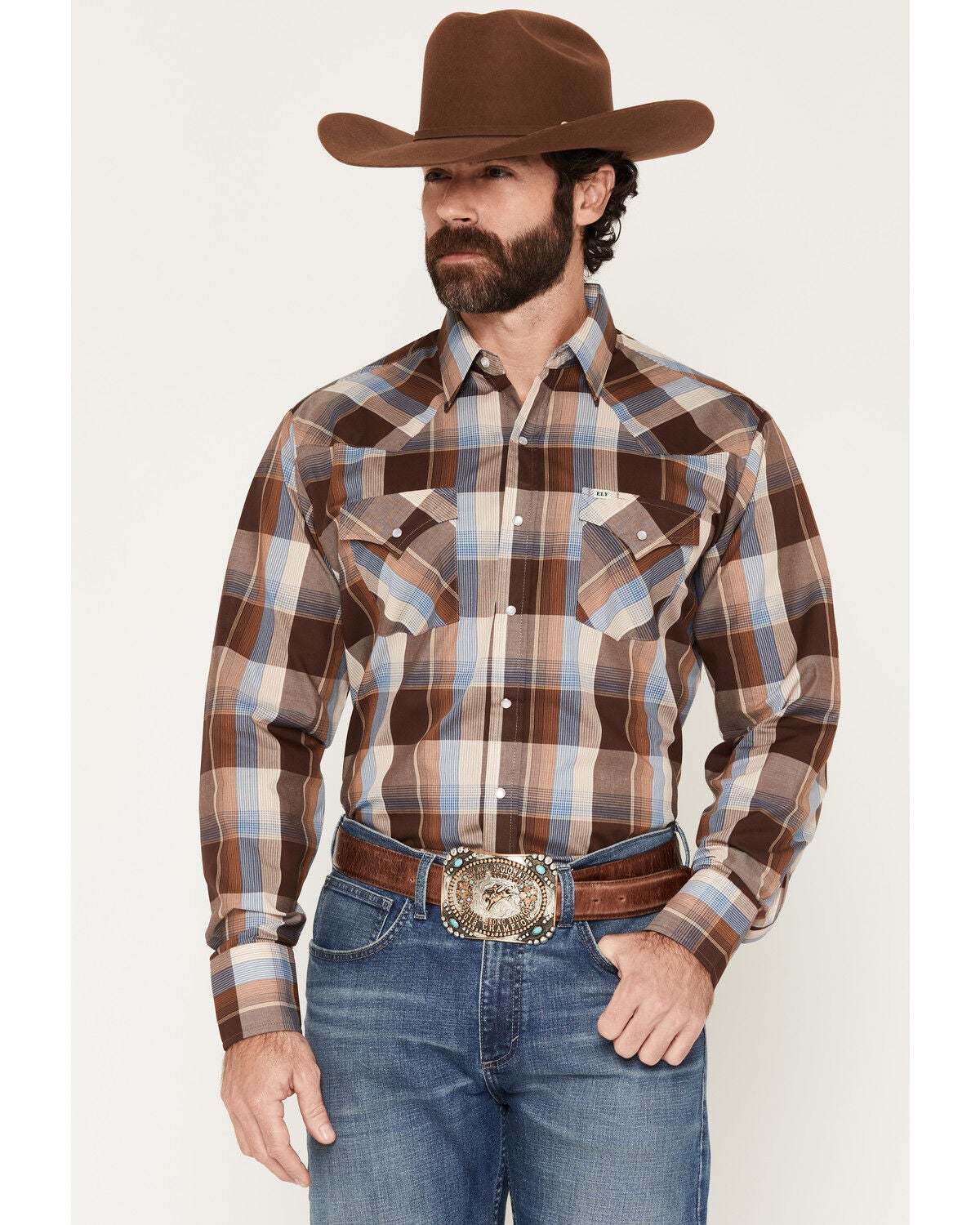 Ely Walker Men's Plaid Print Long Sleeve Pearl Snap Western Shirt, Chocolate, hi-res