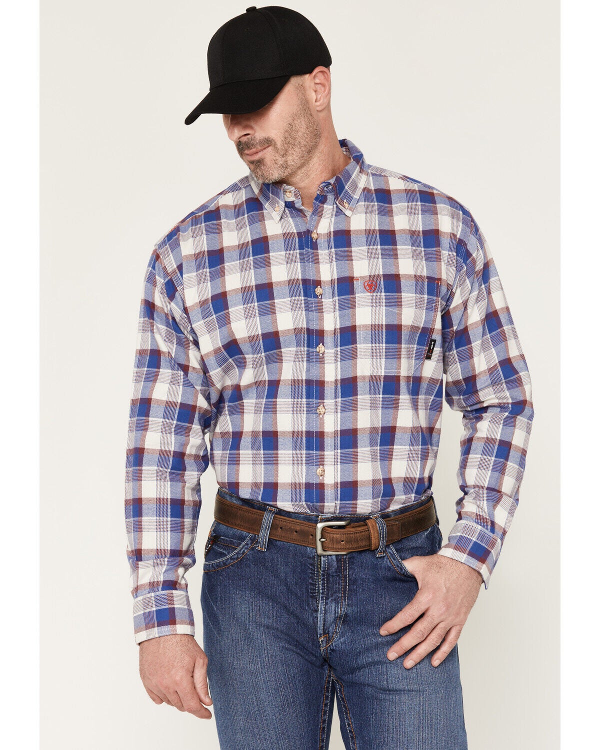 Image #1 - Ariat Men's FR Stanley Plaid Print Long Sleeve Button-Down Work Shirt, White, hi-res