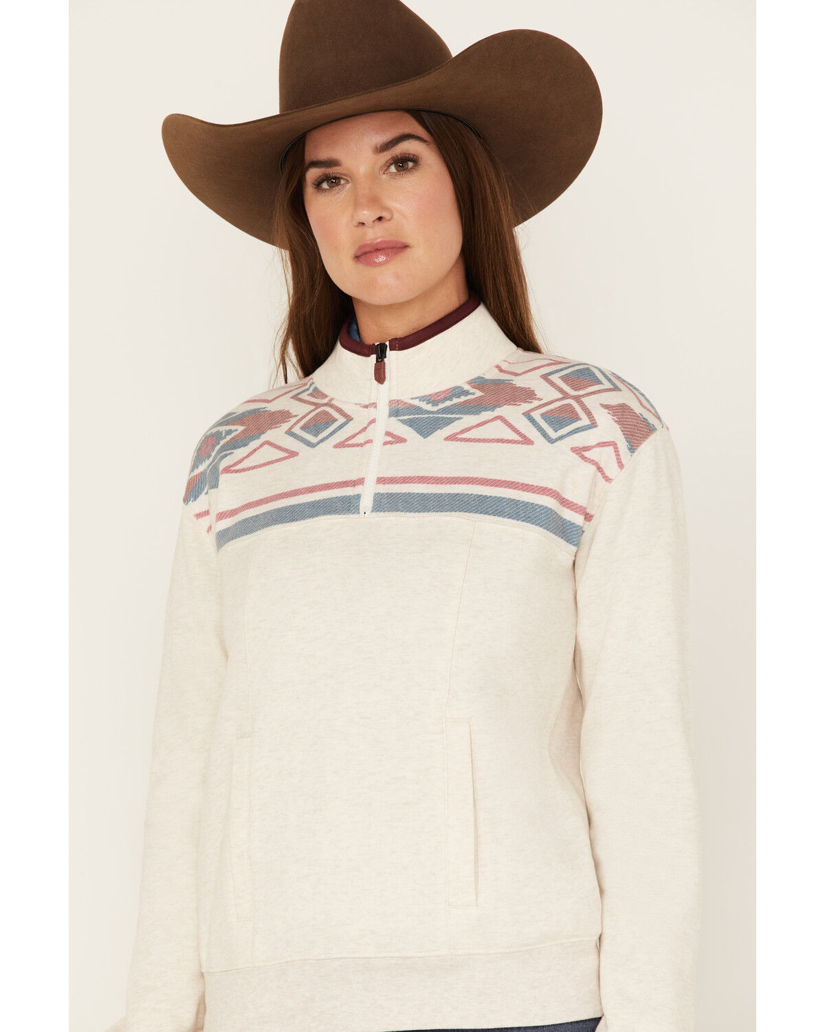 Image #2 - RANK 45® Women's 1/4 Zip Southwestern Print Contrast Pullover, Oatmeal, hi-res