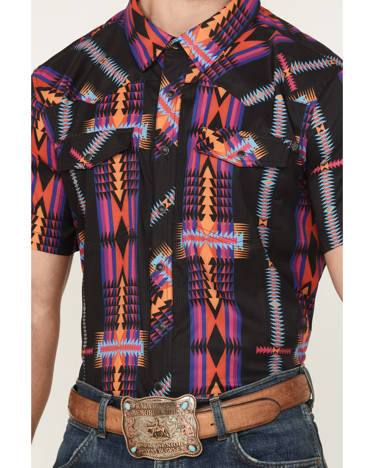 Image #3 - Rock & Roll Denim Men's Boot Barn Exclusive TEK Southwestern Striped Short Sleeve Snap Shirt, Black, hi-res