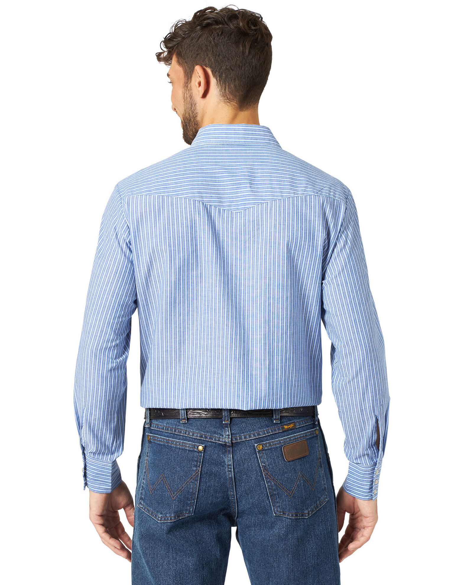 Image #4 - Wrangler Men's Assorted Stripe or Plaid Classic Long Sleeve Pearl Snap Western Shirt, Stripe, hi-res