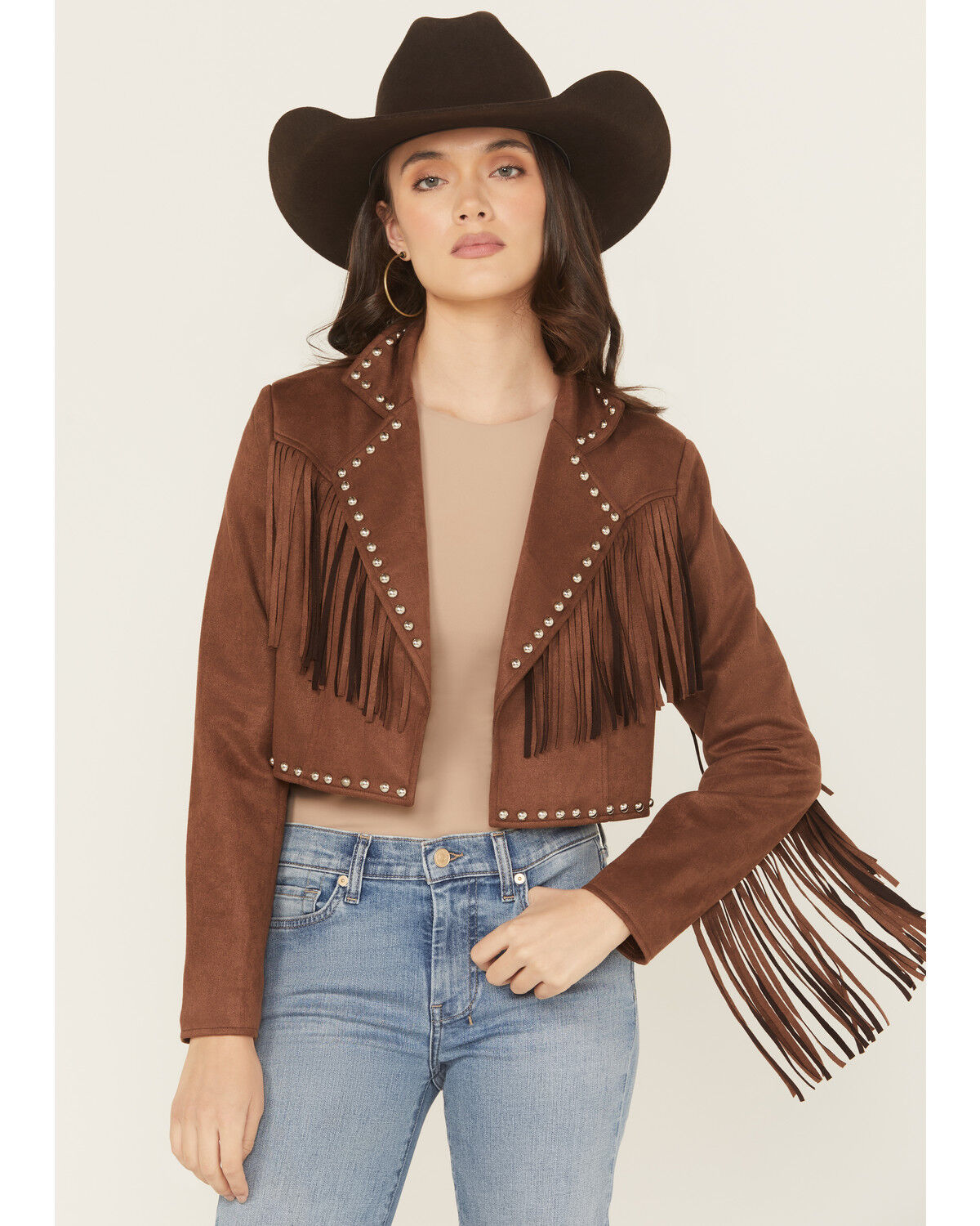 Image #1 - Saints & Hearts Women's Faux Suede Studded Fringe Cropped Jacket, Chocolate, hi-res